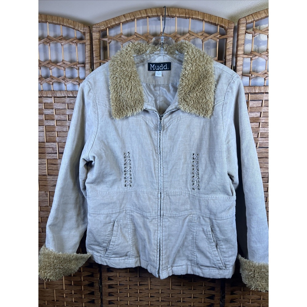 Vintage Y2K Mudd Jacket Juniors Women Tan Corduroy Fur Trim Zip Coat Size Large